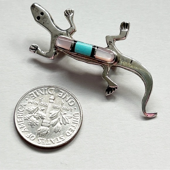 Signed Navajo Turquoise Onyx Pearl Inlay Sterling Silver Lizard Brooch Pin - Picture 5 of 9